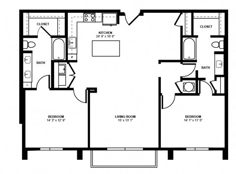 Floor plan for 2 beds, 2 baths, 1361 sqft
